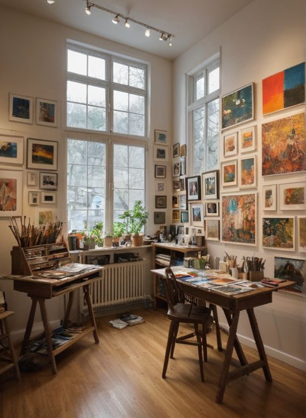 a group of people working on a big table on their laptops, headphones, water bottles