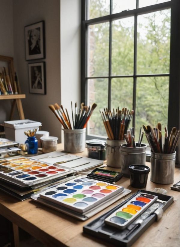 a green working space with laptop, notes, plants, computer